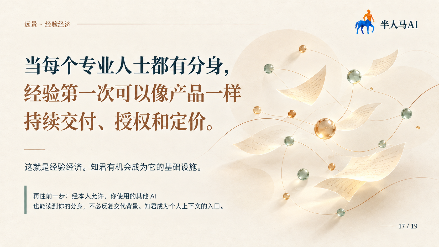 紙頁與溫暖的節點相互連接，象徵經驗的積累與分享